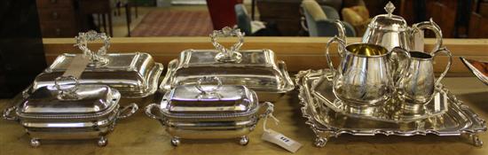 Pair of Sheffield plate entree dishes & covers, pair of similar sauce tureens, 2 Walker & Hall plated trays & 3-pce teaset